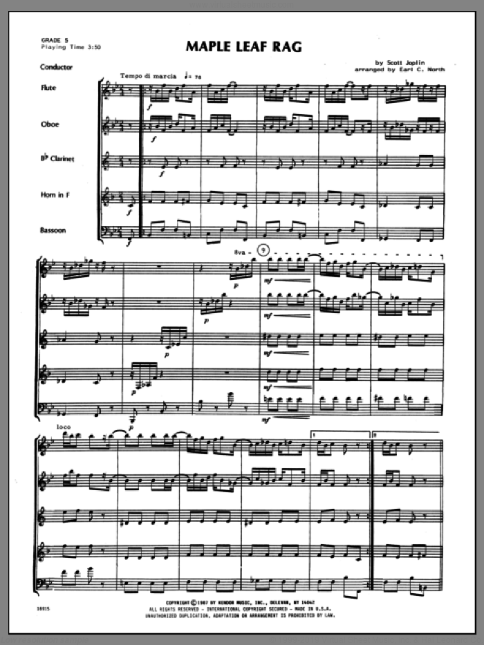 Maple Leaf Rag (COMPLETE) sheet music for wind quintet by Scott Joplin and North, intermediate skill level