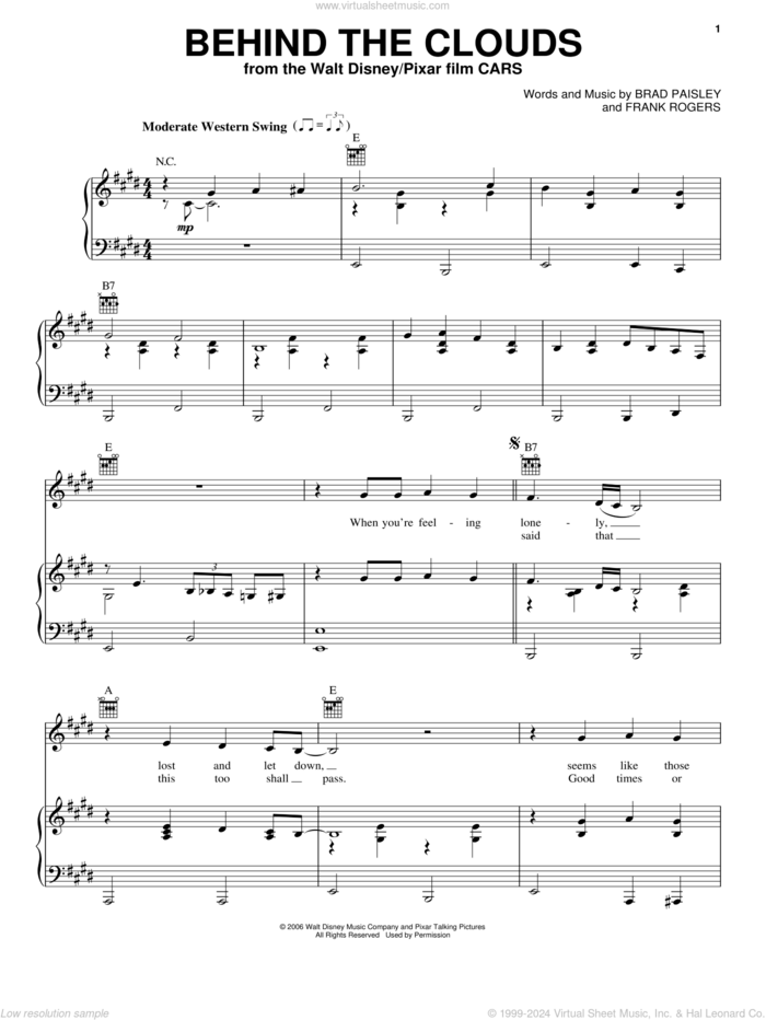Behind The Clouds sheet music for voice, piano or guitar by Brad Paisley, Cars (Movie) and Frank Rogers, intermediate skill level