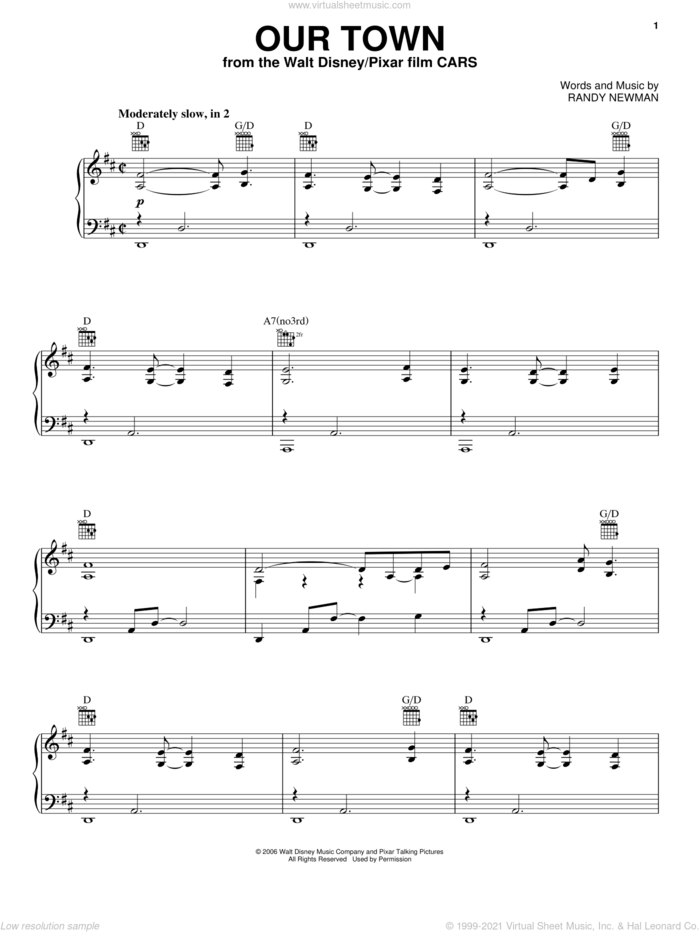 Our Town (from Cars) sheet music for voice, piano or guitar by James Taylor, Cars (Movie) and Randy Newman, intermediate skill level