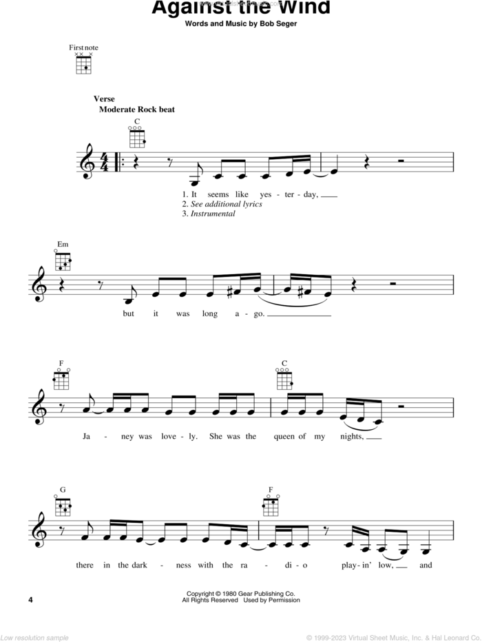Against The Wind sheet music for ukulele by Bob Seger & The Silver Bullet Band and Bob Seger, intermediate skill level