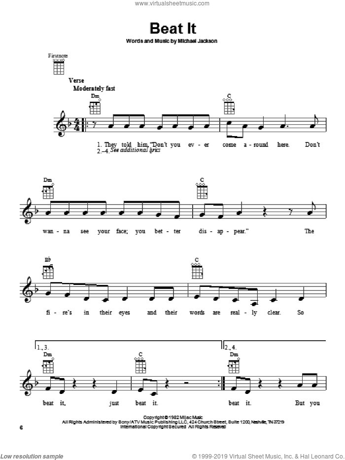 Beat It sheet music for ukulele by Michael Jackson, intermediate skill level