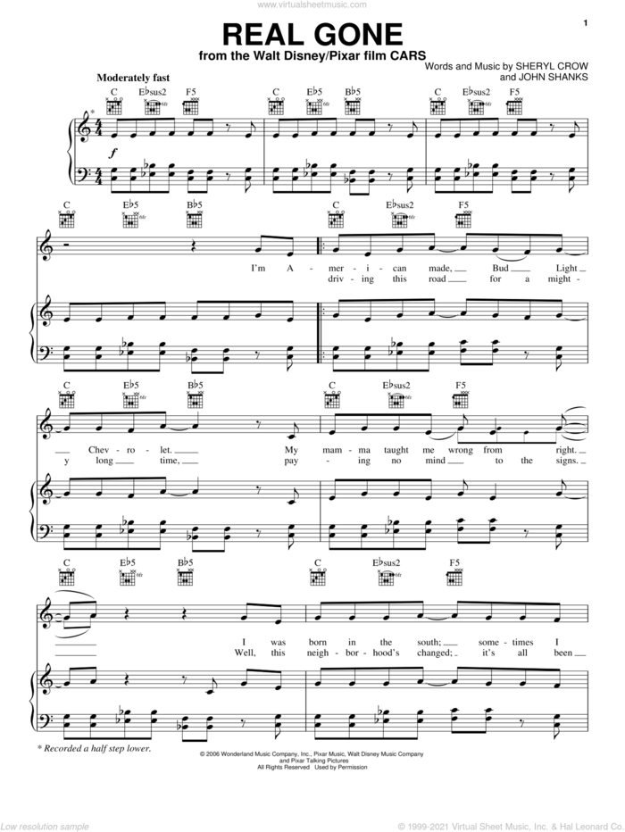 Real Gone (from Cars) sheet music for voice, piano or guitar by Sheryl Crow, Cars (Movie) and John Shanks, intermediate skill level