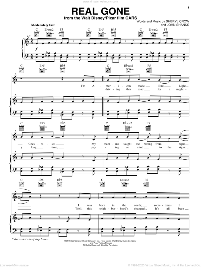 Real Gone (from Cars) sheet music for voice, piano or guitar by Sheryl Crow, Cars (Movie) and John Shanks, intermediate skill level