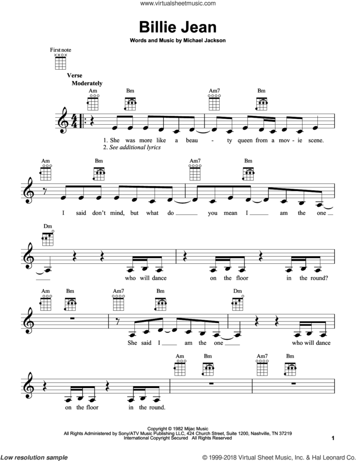 Billie Jean sheet music for ukulele by Michael Jackson, intermediate skill level