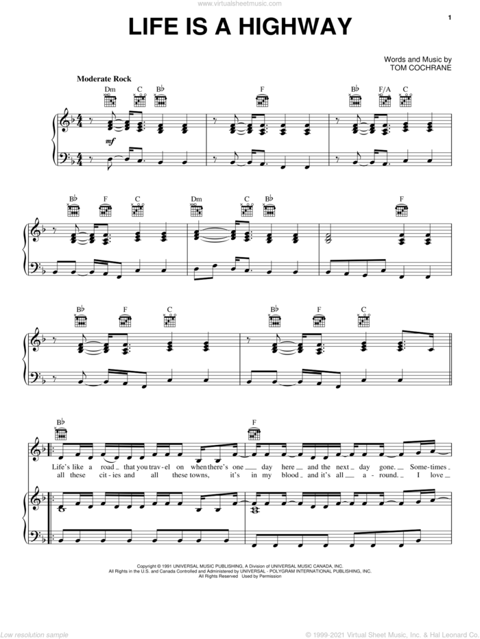 Life Is A Highway (from Cars) sheet music for voice, piano or guitar by Rascal Flatts, Cars (Movie) and Tom Cochrane, intermediate skill level