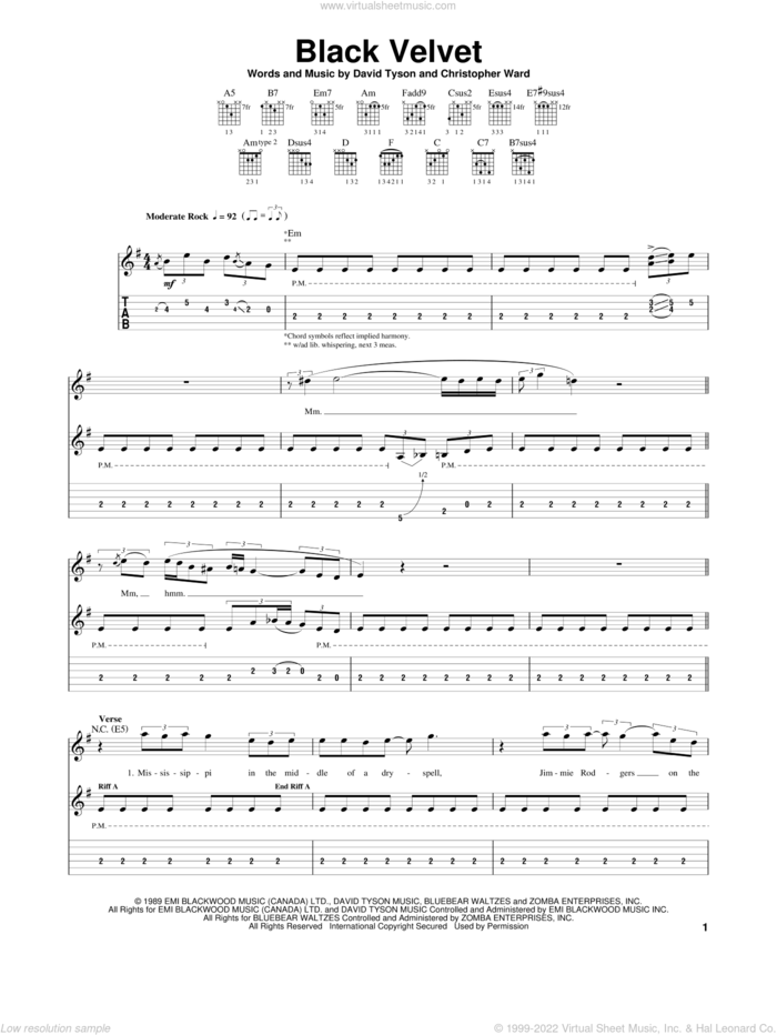 Black Velvet sheet music for guitar (tablature) by Alannah Myles, Christopher Ward and David Tyson, intermediate skill level
