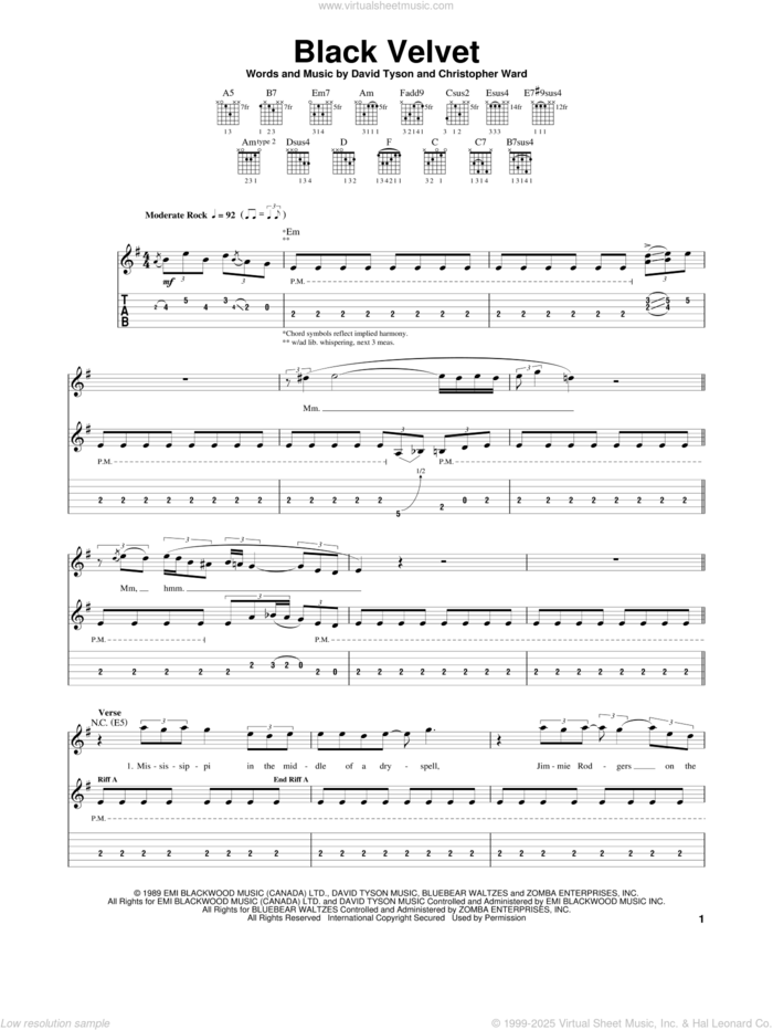 Black Velvet sheet music for guitar (tablature) by Alannah Myles, Christopher Ward and David Tyson, intermediate skill level