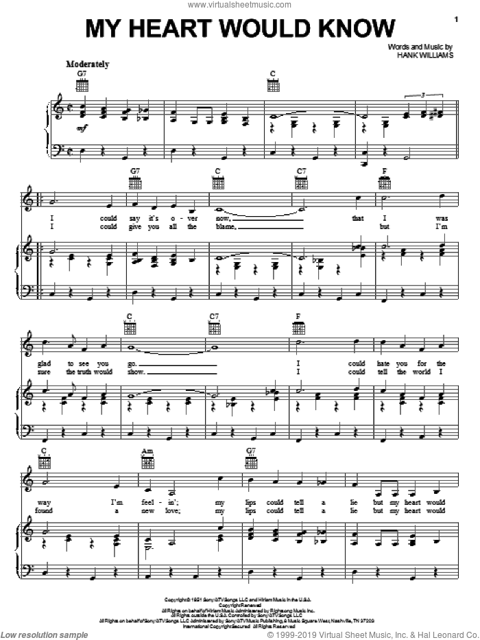 My Heart Would Know sheet music for voice, piano or guitar by Hank Williams and Cars (Movie), intermediate skill level