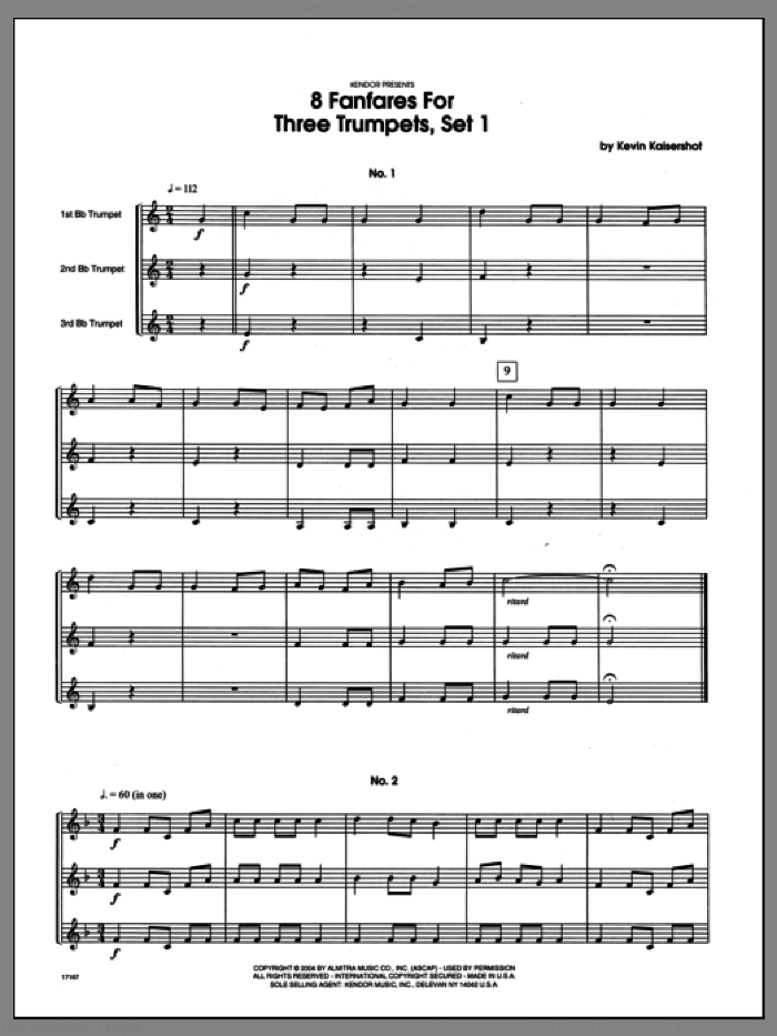 8 Fanfares For Three Trumpets, Set 1 (COMPLETE) sheet music for three trumpets by Kevin Kaisershot, classical score, intermediate skill level