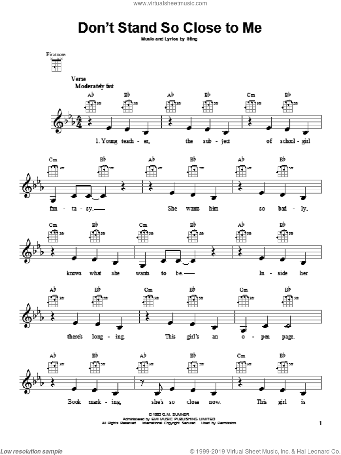 Don't Stand So Close To Me sheet music for ukulele by The Police and Sting, intermediate skill level