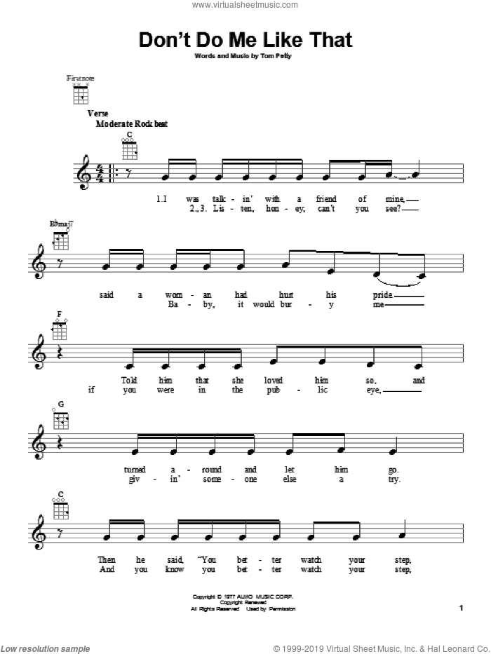 Don't Do Me Like That sheet music for ukulele by Tom Petty and Tom Petty and the Heartbreakers, intermediate skill level