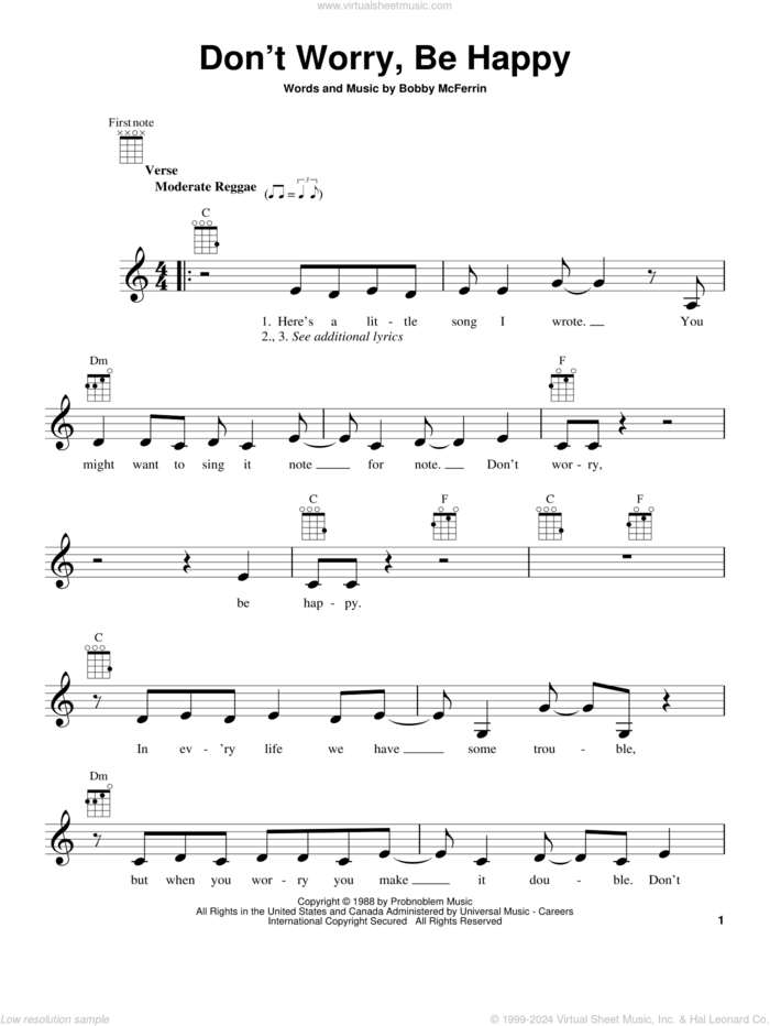 Don't Worry, Be Happy sheet music for ukulele by Bobby McFerrin, intermediate skill level