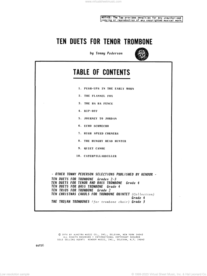 Ten Duets For Tenor Trombone sheet music for two trombones by Pederson, classical score, intermediate duet