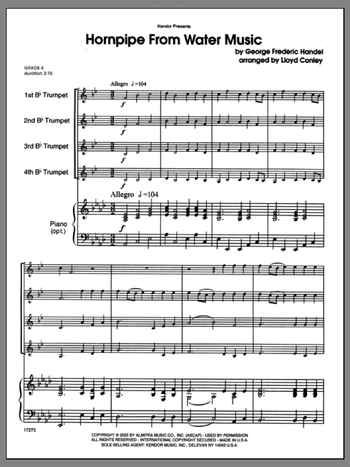 Hornpipe From Water Music (COMPLETE) sheet music for four trumpets and piano by George Frideric Handel and Lloyd Conley, classical score, intermediate skill level