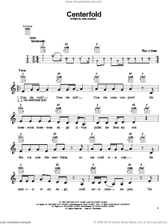 Centerfold sheet music for ukulele by J. Geils Band, intermediate skill level
