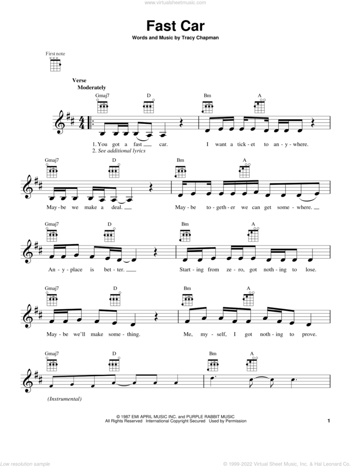 Fast Car sheet music for ukulele by Tracy Chapman, intermediate skill level