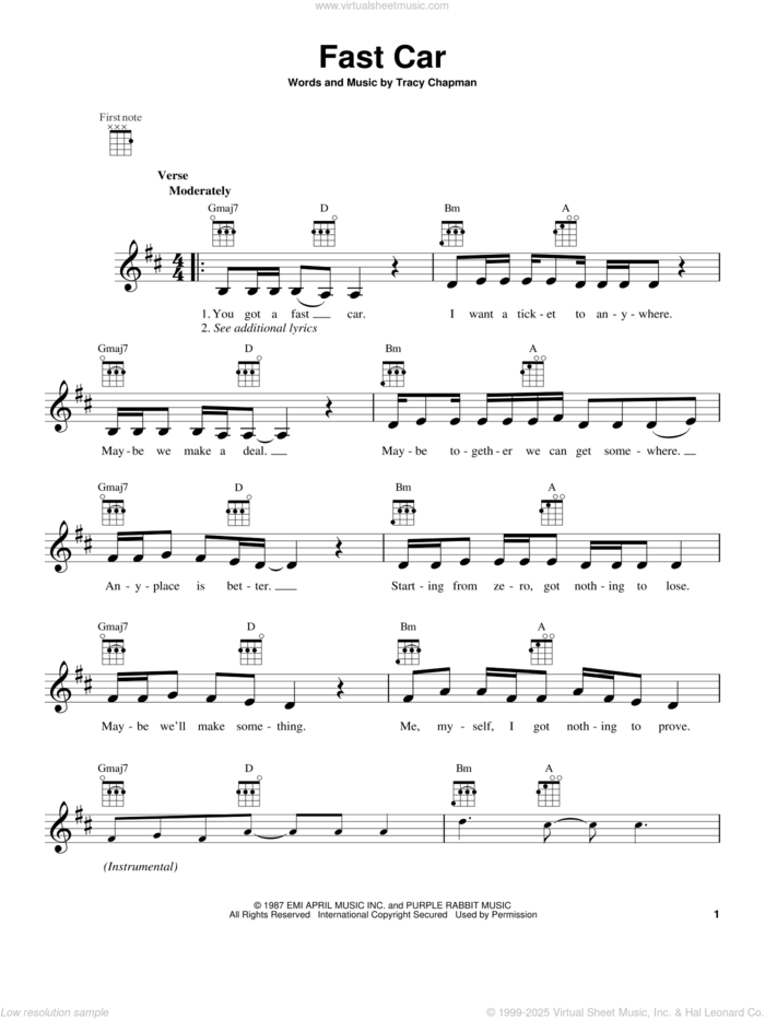 Fast Car sheet music for ukulele by Tracy Chapman, intermediate skill level