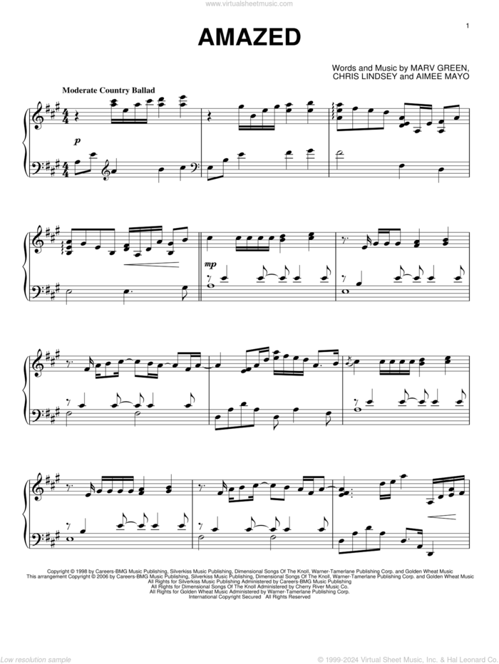 Amazed, (intermediate) sheet music for piano solo by Lonestar, Aimee Mayo, Chris Lindsey and Marv Green, wedding score, intermediate skill level