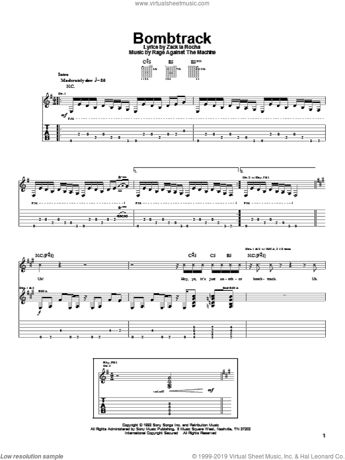 Bombtrack sheet music for guitar (tablature) by Rage Against The Machine, intermediate skill level