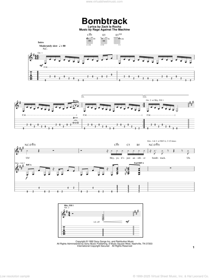 Bombtrack sheet music for guitar (tablature) by Rage Against The Machine, intermediate skill level