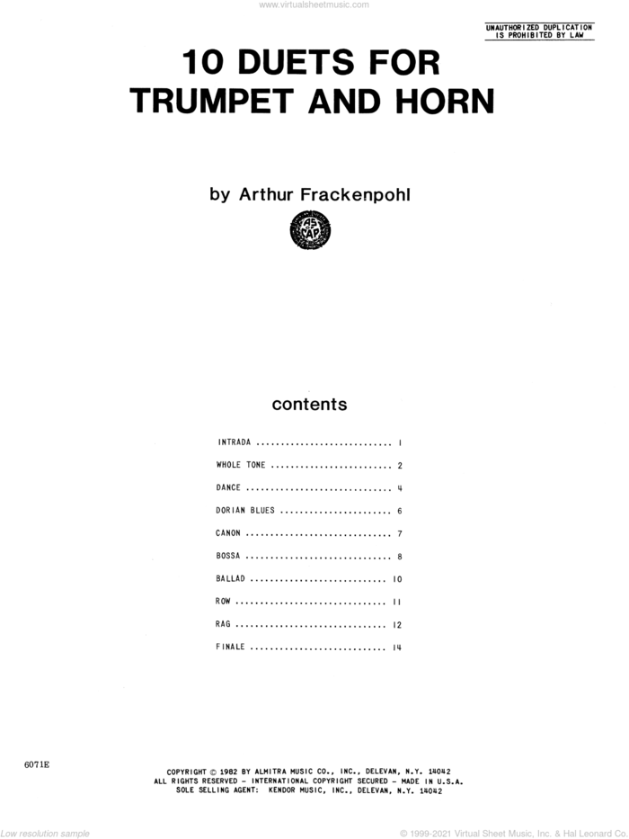 10 Duets For Trumpet And Horn sheet music for trumpet and horn by Arthur Frackenpohl, classical score, intermediate duet