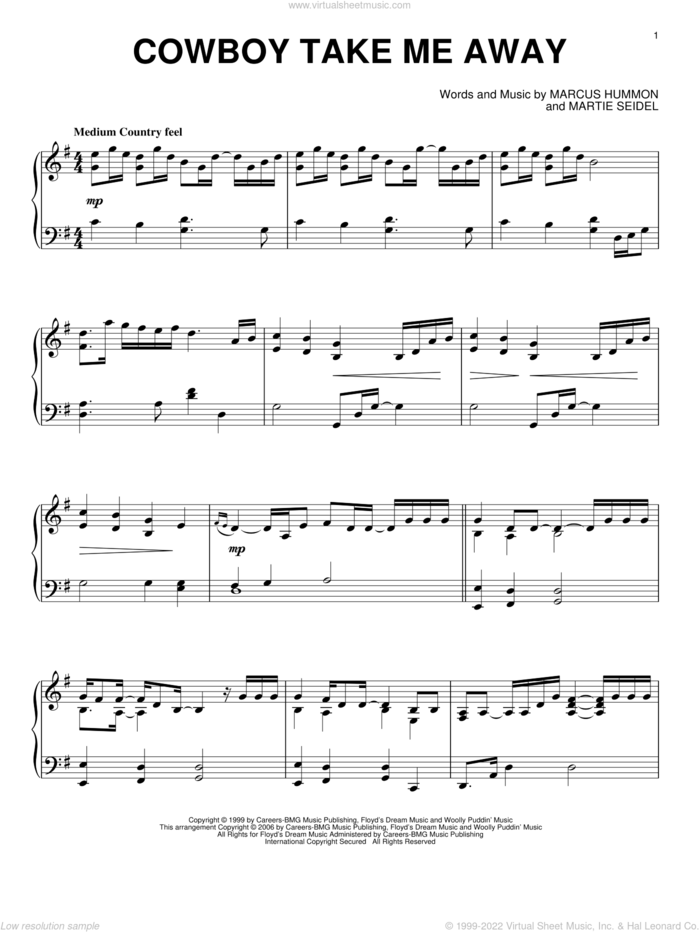 Cowboy Take Me Away, (intermediate) sheet music for piano solo by The Chicks, Dixie Chicks, Marcus Hummon and Martie Seidel, intermediate skill level