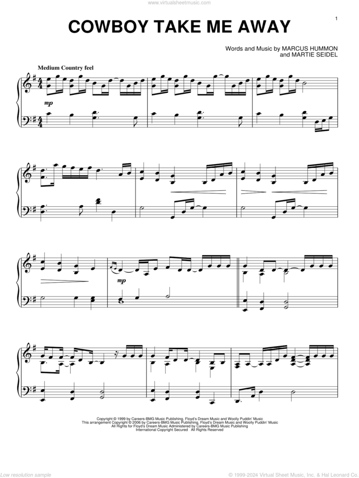 Cowboy Take Me Away, (intermediate) sheet music for piano solo by The Chicks, Dixie Chicks, Marcus Hummon and Martie Seidel, intermediate skill level