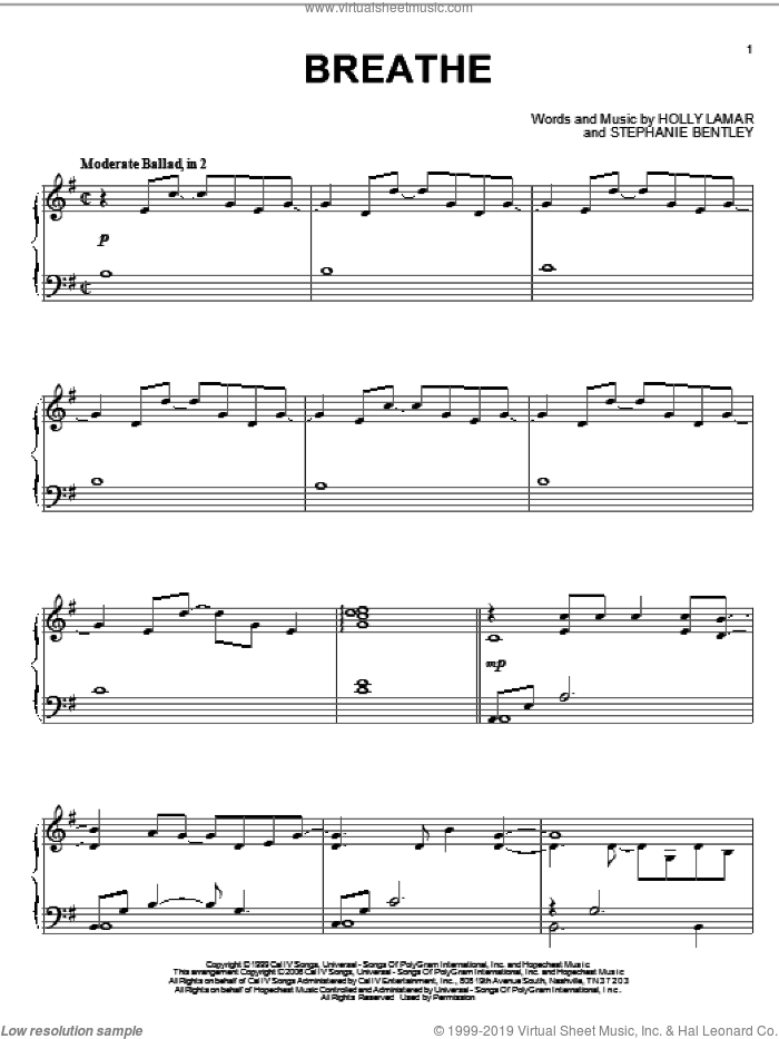 Breathe sheet music for piano solo by Faith Hill, Holly Lamar and Stephanie Bentley, intermediate skill level