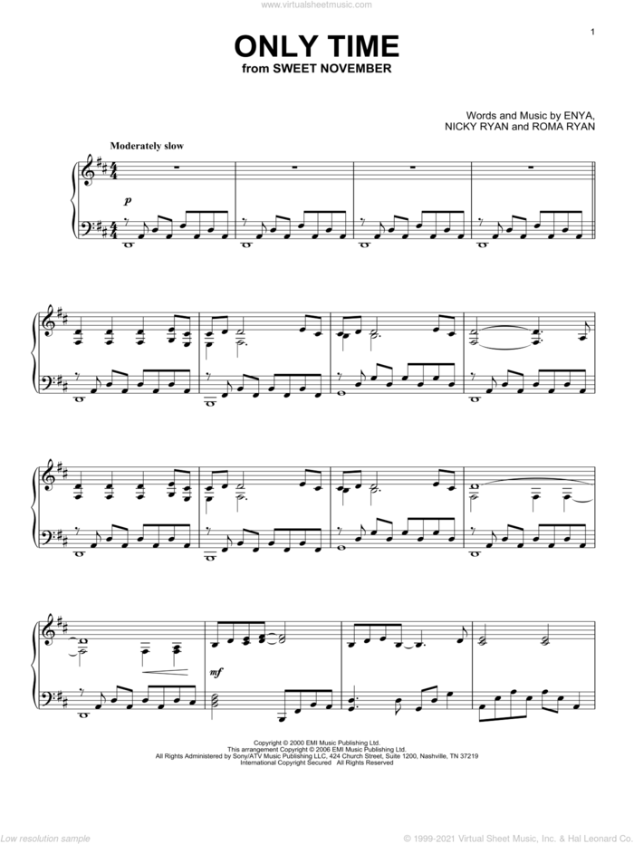 Only Time, (intermediate) sheet music for piano solo by Enya, Nicky Ryan and Roma Ryan, intermediate skill level