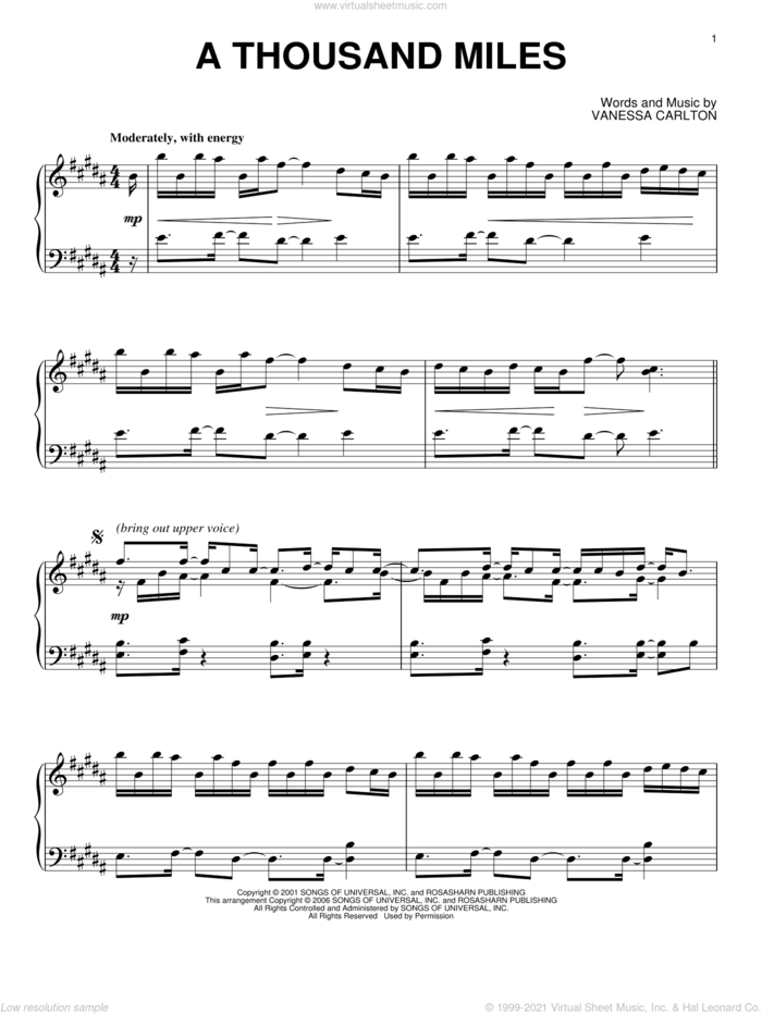 A Thousand Miles, (intermediate) sheet music for piano solo by Vanessa Carlton, intermediate skill level