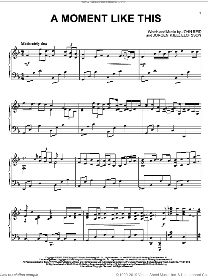 A Moment Like This, (intermediate) sheet music for piano solo by Kelly Clarkson, John Reid and Jorgen Elofsson, intermediate skill level