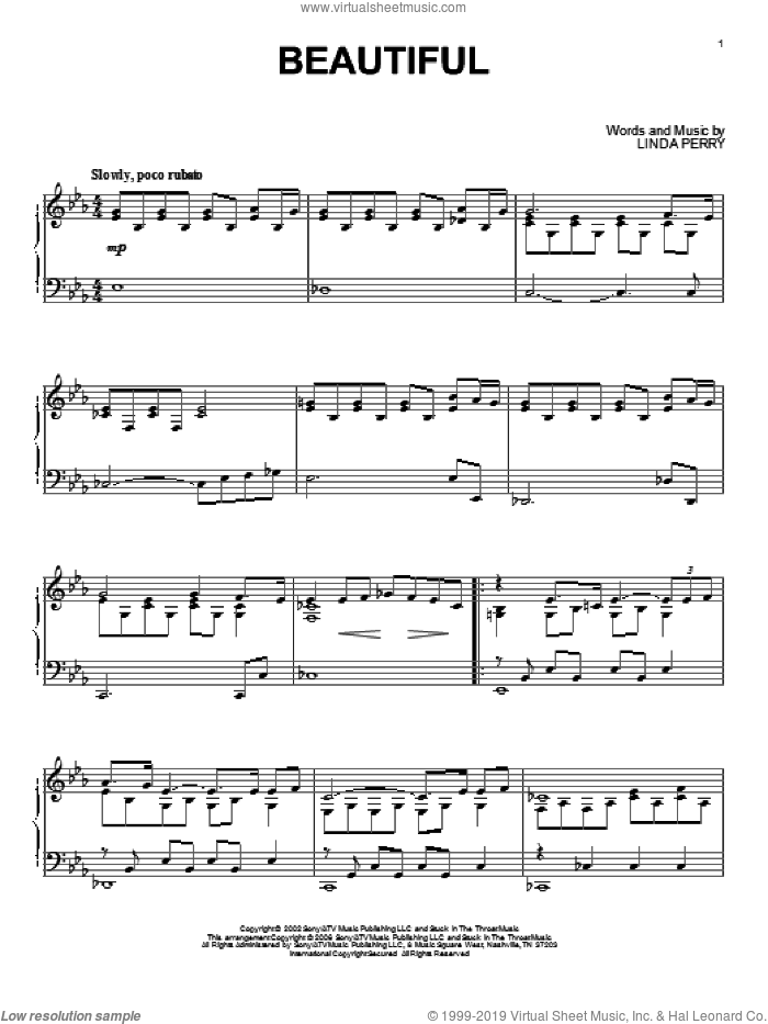 Beautiful, (intermediate) sheet music for piano solo by Christina Aguilera and Linda Perry, intermediate skill level