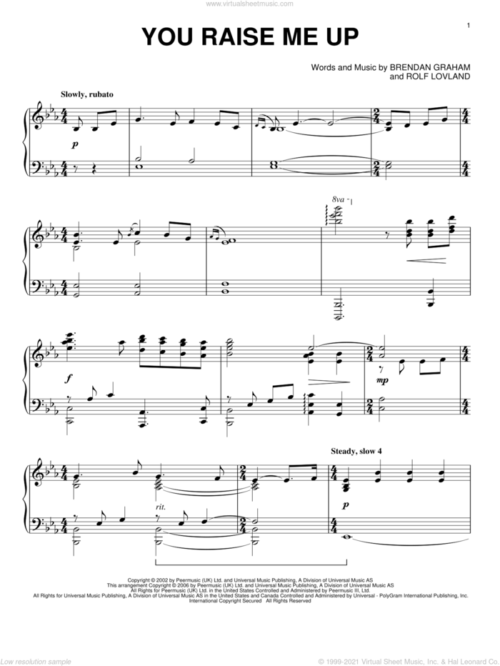 You Raise Me Up, (intermediate) sheet music for piano solo by Josh Groban, Secret Garden, Brendan Graham and Rolf Lovland, wedding score, intermediate skill level
