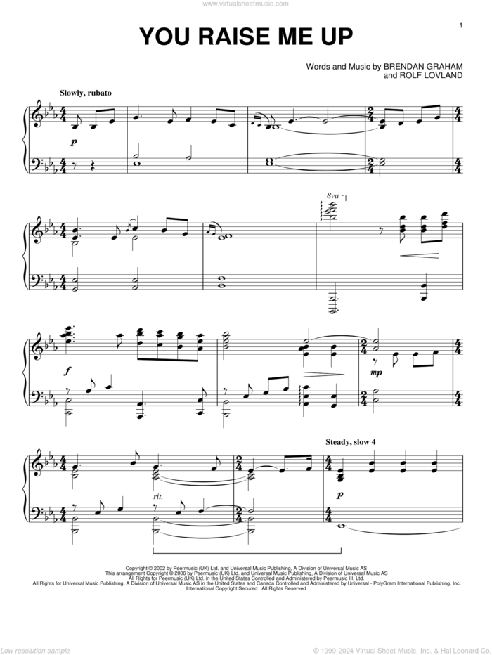 You Raise Me Up, (intermediate) sheet music for piano solo by Josh Groban, Secret Garden, Brendan Graham and Rolf Lovland, wedding score, intermediate skill level