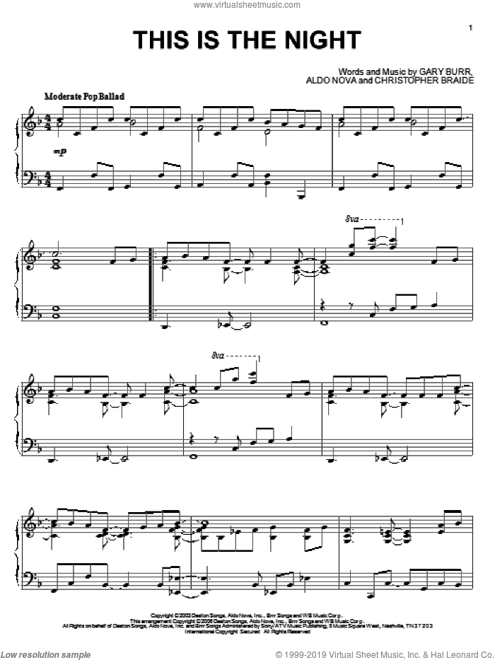 This Is The Night sheet music for piano solo by Clay Aiken, Aldo Nova, Chris Braide and Gary Burr, intermediate skill level