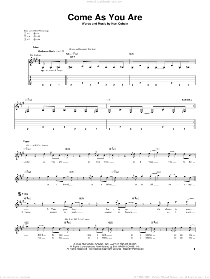 Come As You Are sheet music for guitar (tablature) by Nirvana and Kurt Cobain, intermediate skill level