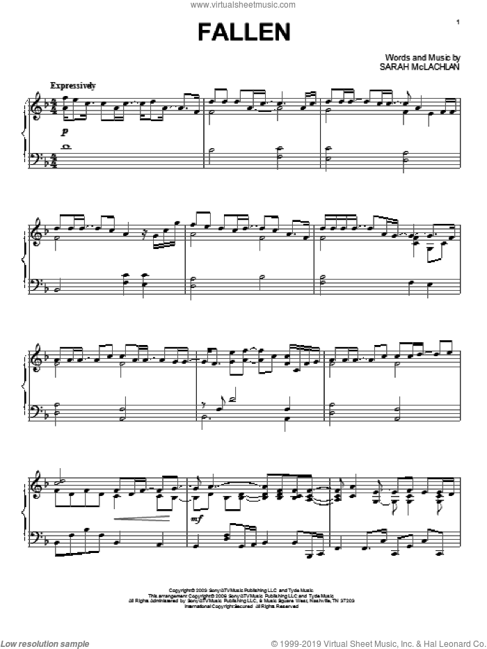 Fallen sheet music for piano solo by Sarah McLachlan, intermediate skill level