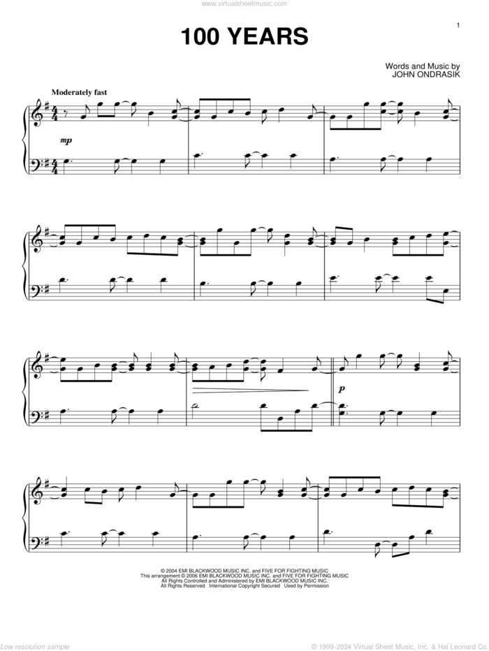 100 Years, (intermediate) sheet music for piano solo by Five For Fighting and John Ondrasik, intermediate skill level