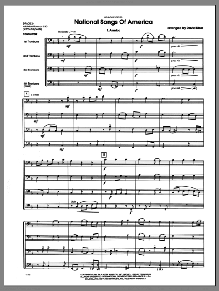 National Songs Of America (COMPLETE) sheet music for four trombones by Uber, intermediate skill level