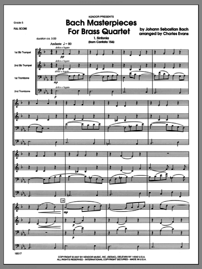 Bach Masterpieces For Brass Quartet (COMPLETE) sheet music for brass quartet by Johann Sebastian Bach and Evans, classical score, intermediate skill level