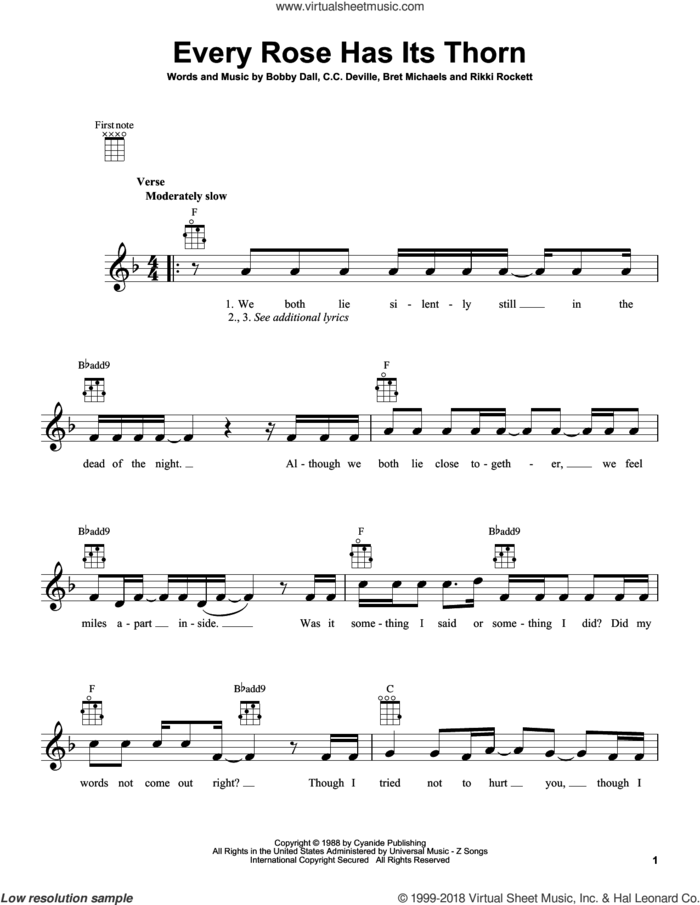 Every Rose Has Its Thorn sheet music for ukulele by Poison, intermediate skill level