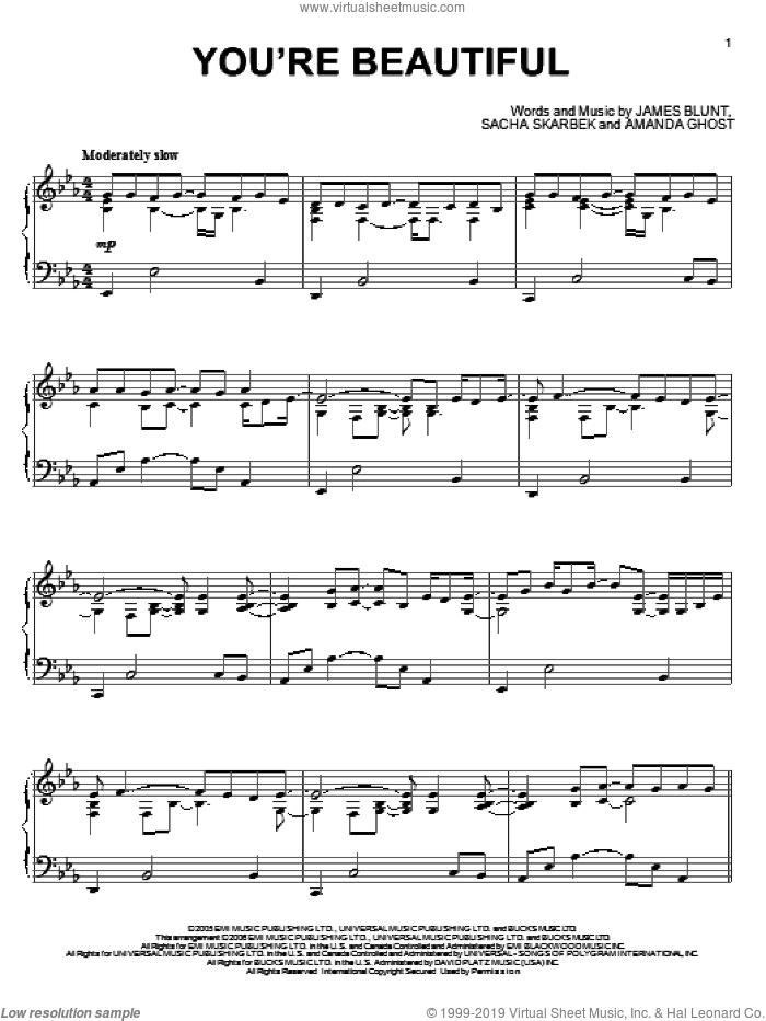 You're Beautiful sheet music for piano solo by James Blunt, Amanda Ghost and Sacha Skarbek, intermediate skill level