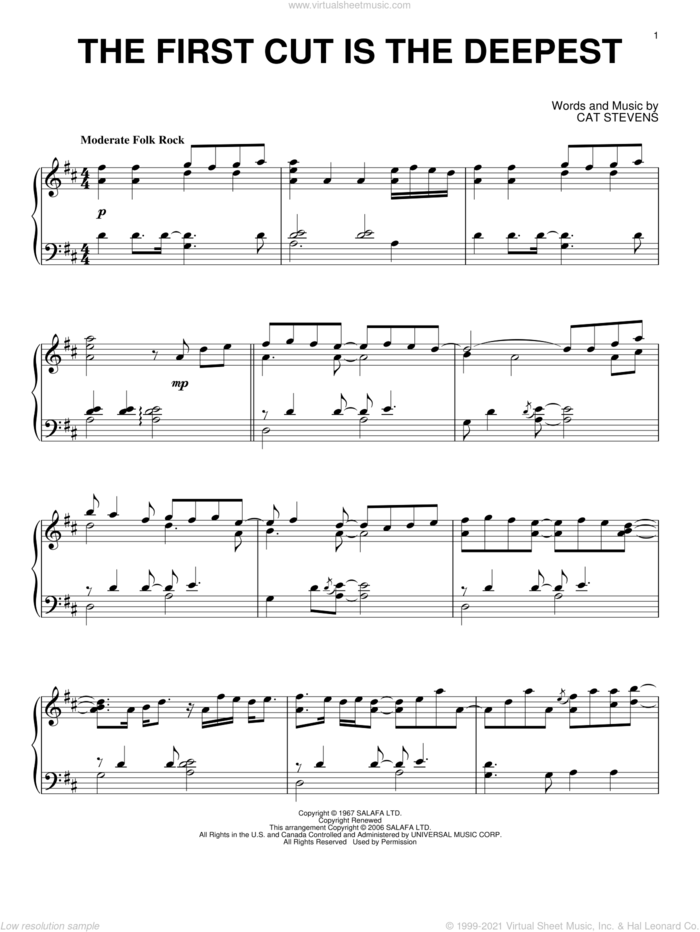 The First Cut Is The Deepest, (intermediate) sheet music for piano solo by Sheryl Crow, Rod Stewart and Cat Stevens, intermediate skill level