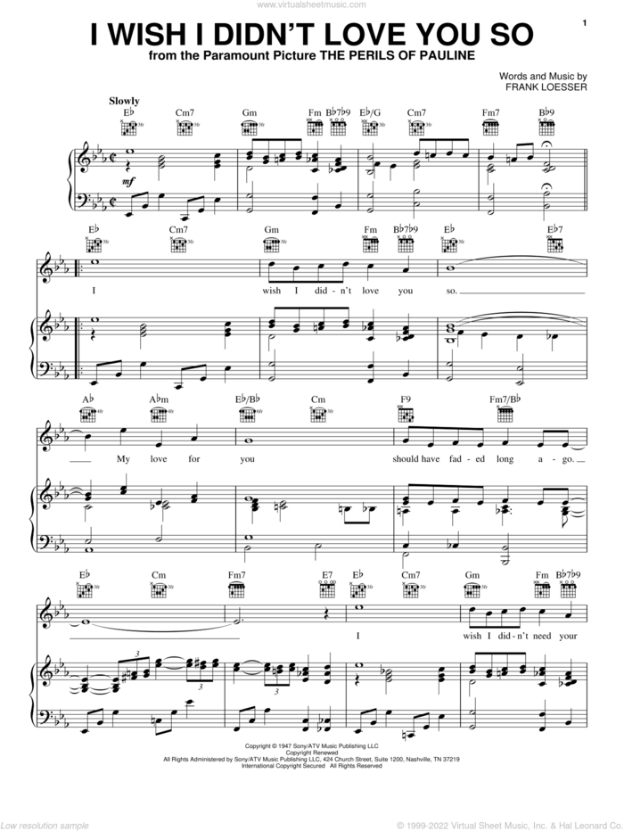 I Wish I Didn't Love You So sheet music for voice, piano or guitar by Frank Loesser and Dinah Shore, intermediate skill level