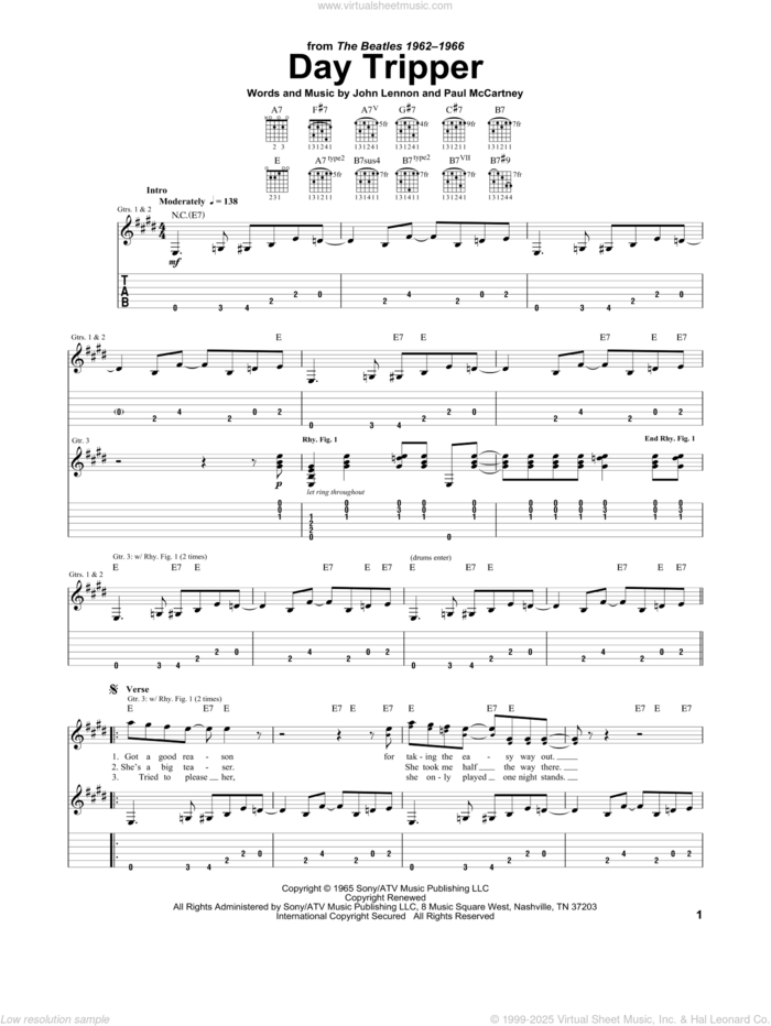 Day Tripper sheet music for guitar (tablature) by The Beatles, John Lennon and Paul McCartney, intermediate skill level