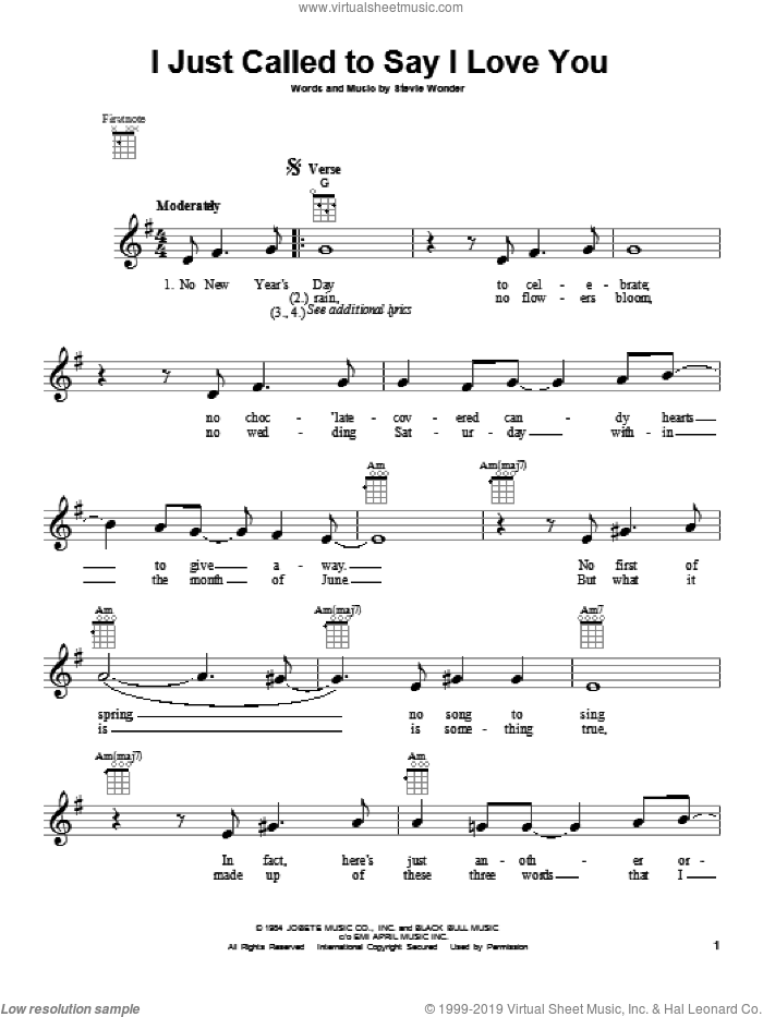 I Just Called To Say I Love You sheet music for ukulele by Stevie Wonder, intermediate skill level
