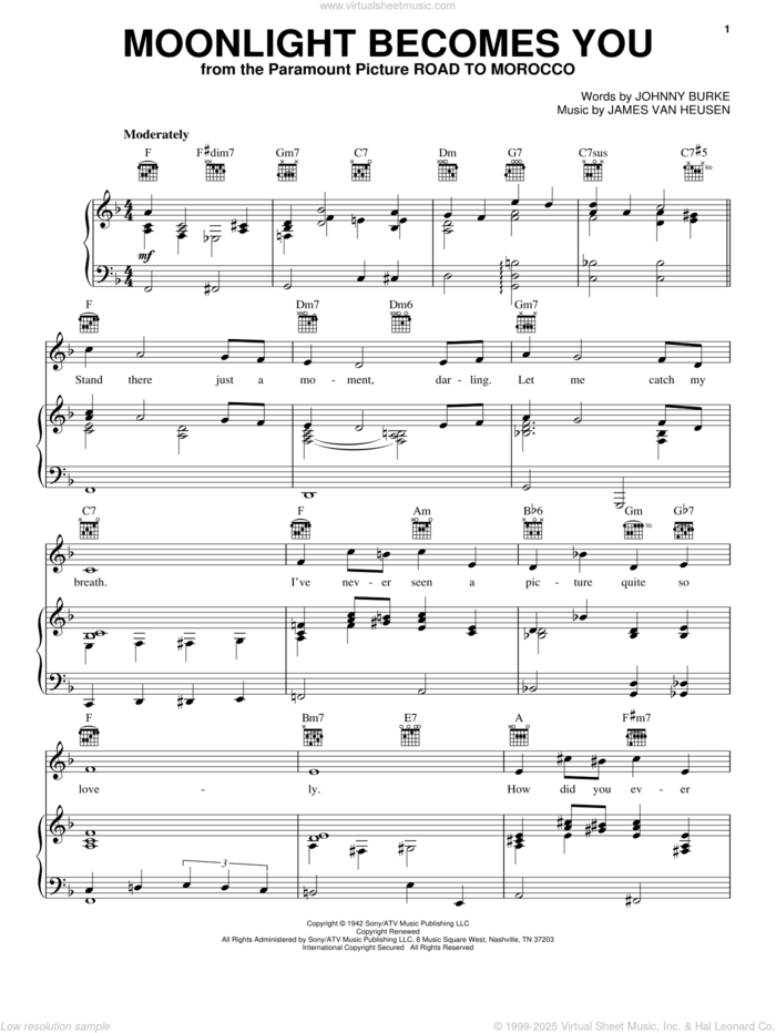 Moonlight Becomes You sheet music for voice, piano or guitar by Bing Crosby, Jimmy van Heusen and John Burke, intermediate skill level