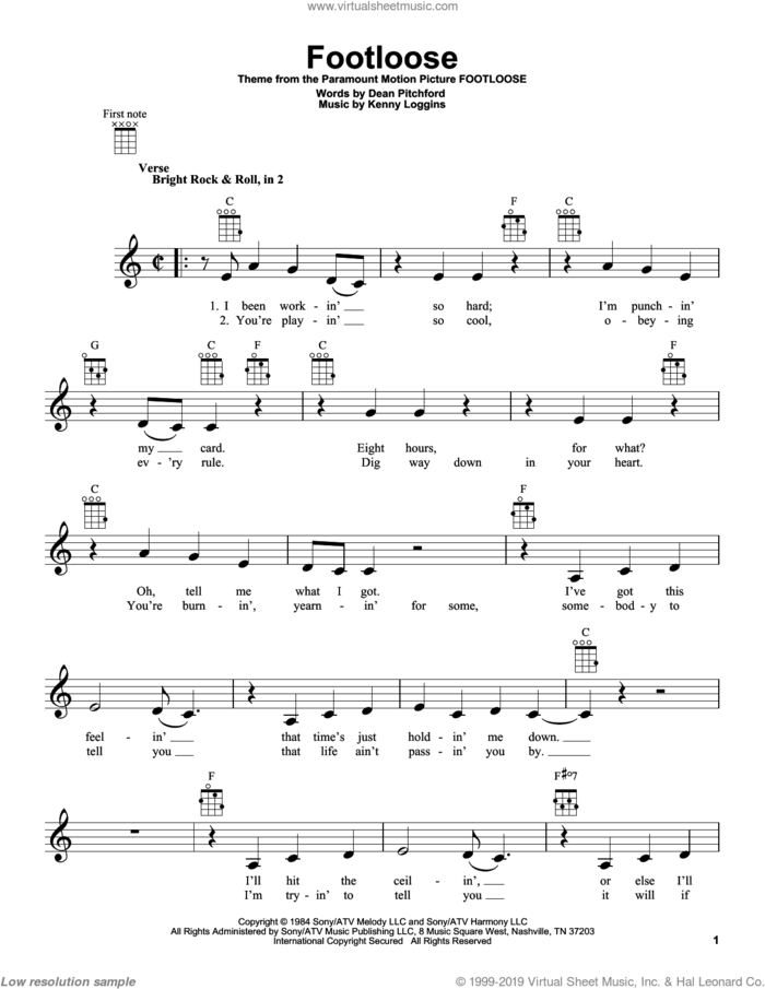 Footloose sheet music for ukulele by Kenny Loggins, intermediate skill level