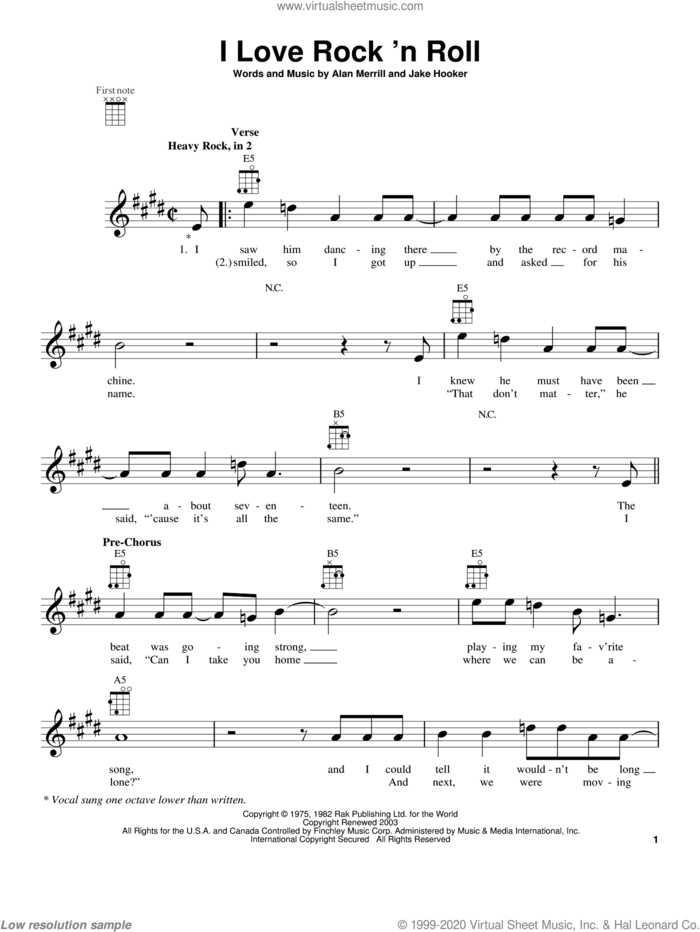 I Love Rock 'N Roll sheet music for ukulele by Joan Jett & The Blackhearts, intermediate skill level