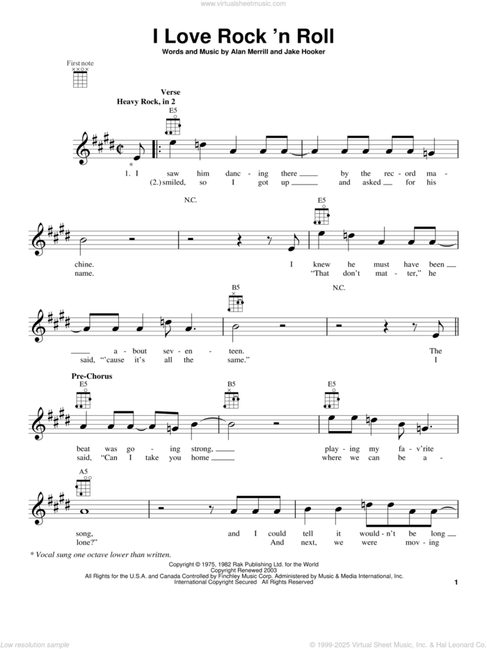 I Love Rock 'N Roll sheet music for ukulele by Joan Jett & The Blackhearts, intermediate skill level